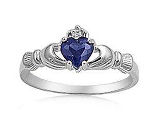 Silver Claddagh Ring with BLUE SAPPHIRE CZ   Available in Sizes 4 5 6 
