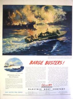 1944 WWII ELCO PT MOTOR TORPEDO BOATS   BARGE BUSTERS PRINT AD