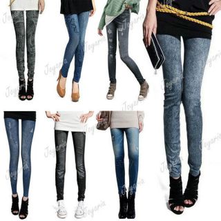 New Womens Denim Jeans Look Leggings Jeggings Printed Pants