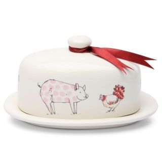   Foxwood Farm Animals Pig Chicken Cow Design Ceramic Butter Dish NEW