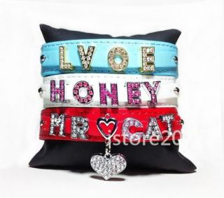 Dog Cat Pet Personalized PU Leather Collar w/ Rhinestone Letters 