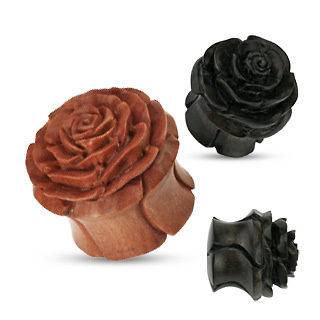   Organic Wood Hand Carved Rose Flower Ear Plugs Tunnels Earlets Gauges