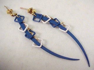   PUNK Blue White Enamel Curved 2.5 Long Spikes Dangle Pierced Earrings