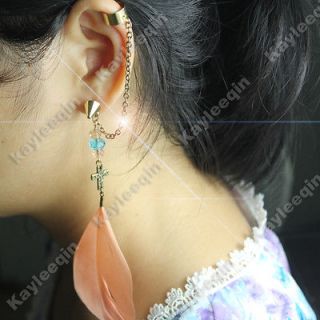   Pink Feather Plume Crystal Gold Ear Cuff Clip Stud Chain Earrings Boho