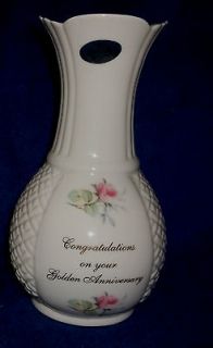Belleek Donegal Rose Golden Wedding Anniversary Vase   8 Tall