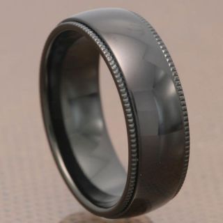 8mm Black Domed High Polish Titanium Ring Milgrain Edge Mens Wedding 