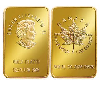   ELIZABETH CANADA MAPLE BULLION ART COIN BAR .999 FINE 24k GOLD CLAD