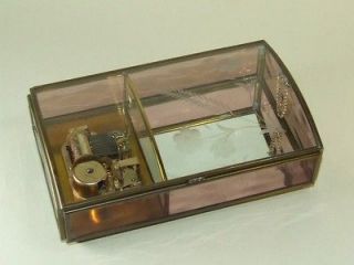 VTG Sankyo Japan Brass Mirrored Music Box Etched Flower Glass Send 