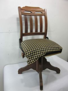 Antique Wood & Cast Iron Swivel Office Chair w/ Corduroy Houndstooth 