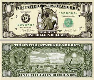 Lot of 10 Realistic $1,000,000 Million Dollar Bill, Statue of Liberty 