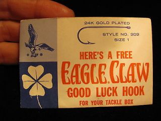 VINTAGE TACKLE EAGLE CLAW GOOD LUCK HOOK 24K GOLD PLATED NEED N 