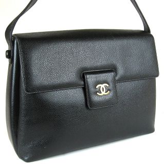 Authentic Chanel CoCo Logo Flap Shoulder Bag Black Caviar Skin #8277