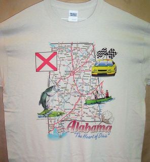 Alabama State Map T Shirt Sz SM   5XL Assorted Colors Fishing Boating 