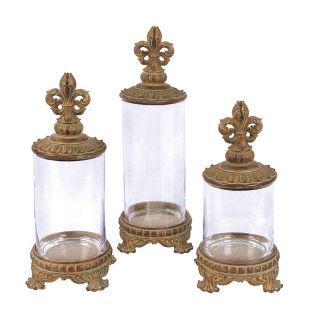 Old World Tuscan St/3 Fleur De Lis Design Glass Jar Canisters Aged 