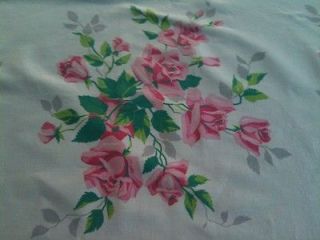 49 X 53 Vintage Pink Rose Floral Linen Tablecloth #115