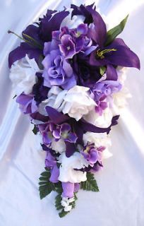   Bouquet Wedding Flower Package PURPLE LAVENDER LILY Bride Cascade