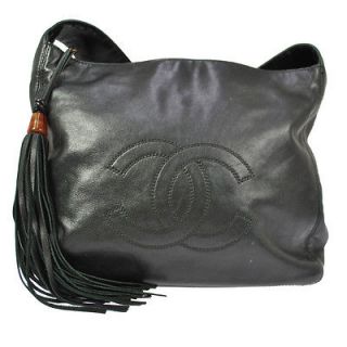 Authentic CHANEL Black Logos Fringe Shoulder Bag Leather CC Vintage 