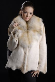Sheared perlato SAGA FURS Mink Fur Jacket coat w Golden Island Fox 