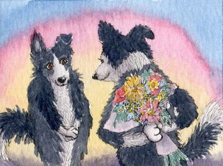 Border Collie dog pup flowers bouquet gift signed ACEO art card print 