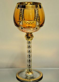   Glass Bohemian Amber Gold Gilded Cabochon Paneled Wine Goblet 8 1/8