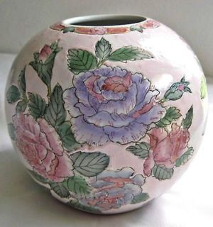   ROUND VASE HAND PAINTED FLORAL CLOISONNE IN PINK BLUE VIOLET CHINA