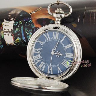   Polish Blue Glass Steampunk Pocket Watch Mechanical Silver Chain Gift
