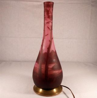   Antique Signed LOETZ Tall Acid Etched French Cameo Art Glass Vase Lamp