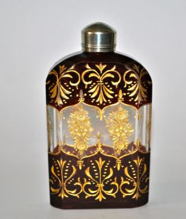   BOHEMIAN CLEAR RUBY OVERLAY GLASS PERFUME SCENT BOTTLE GOLD GILDED