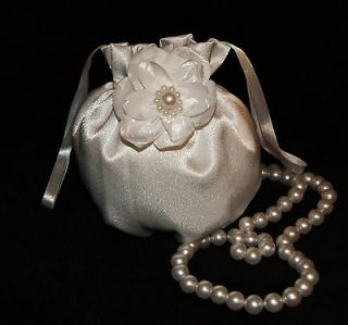 Bridal purse bag purse wedding dress white satin flower pearls first 