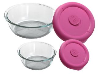 Pyrex STORAGE DELUXE 5 or 12 CUP ROUND Glass DISH + Pink or Blue VENT 