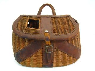 Vintage 13 Fishing Creel Basket Woven Wicker & Leather Tackle Antique 