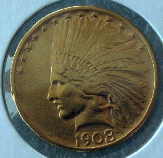 1908D USA $10 DOLLARS GOLD COIN, INDIAN, EAGLE AU LUSTER NO MOTTO