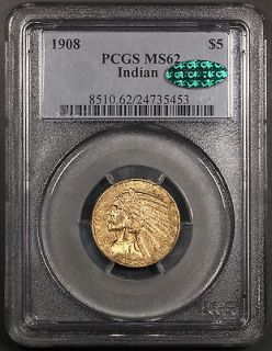 1908 $5 Indian Head Gold Half Eagle PCGS MS 62 CAC Incuse Five Dollar 