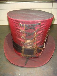   madhatter Hand made Red Taffeta Top Hat with copper cogs & magnifier