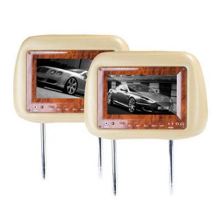   Tan Pair 7 LCD Car Pillow Headrest Monitor Screen Speaker Leather