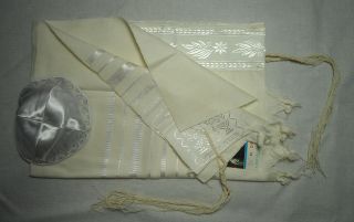 new kosher 100% wool 22x62 tallit prayer shawl white on white