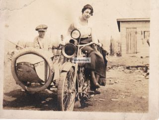 Old Photo Woman on Old Harley Davidson Motorcycle with Boy in Sidecar