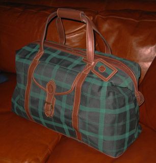Polo Ralph Lauren Duffle Bag   Plaid Green Nylon & Faux Leather Trim 