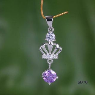 Women Crown Amethyst Crystal 925 sterling silver Charms Necklace 
