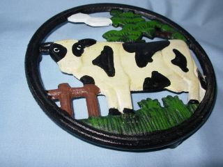 Cow Cast Iron Trivet Hand Painted, Protects Table Top Counter Top from 