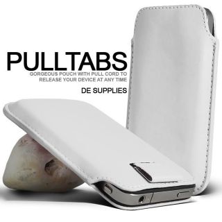 White Premium Leather Pull Tab Cover Pouch for Various Mobile 