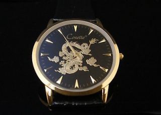   Leather Strap Vintage Gold Tone Japan Vintage Mens Dragon Wrist Watch