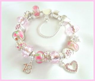 PERSONALISE PINK & SILVER CHARM BRACLETS 17 CHARMS/GIFTBOX/CARD 21ST 