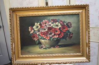 Antique Oil Painting Pansies Floral reds pinks Purples Gilt Wood Frame 