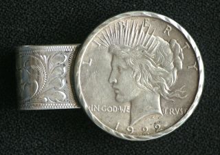 Vintage 1922 Peace Dollar Western Sterling silver money clip, 42.6g