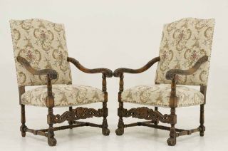 Pair Antique French Walnut Upholstered Throne, Occasional Armchairs