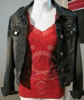 Rhinestone Bling Red Tank Top Cami W/Heart Wings Tattoo On Back 