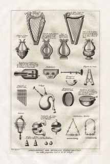   Print MUSICAL INSTRUMENTS LUTE HARP LYRE BAGPIPES TRUMPET Calmet 1725