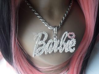   & pink lip large bling iced out Nicki Minaj style Barbie necklace