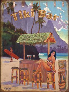 Hawaiian Tiki Bar Metal Sign, Surfing, Beach, Mountains, Bar or 